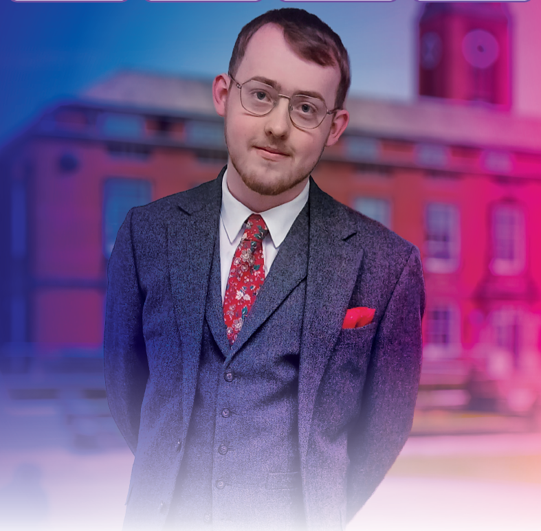 Ronan in a suit stood in front of a building with and pink and purple overlay