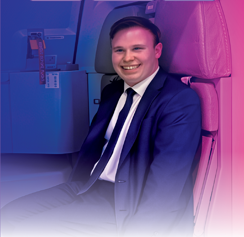 oscar in a suit sat in an aeroplane chair with a pink and purple overlay
